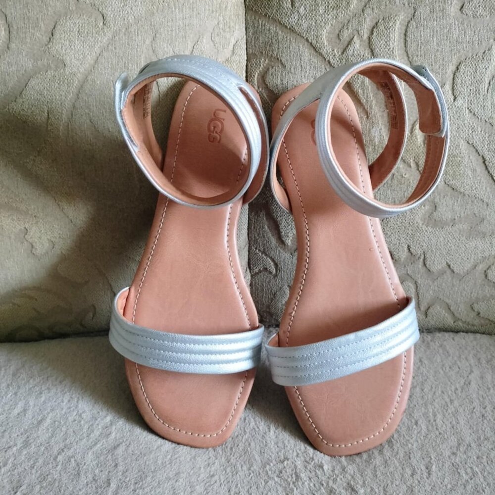 Ugg flat silver sandals with ankle straps size 10 new